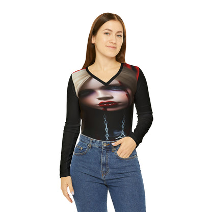 BAD KITTI CUSTOM Graphics Women's Long Sleeve V-neck Shirt Barb Slayer Barbee